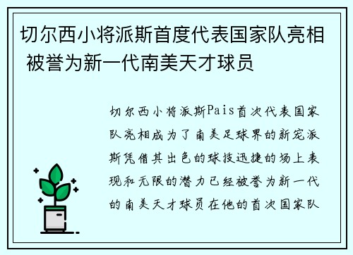 切尔西小将派斯首度代表国家队亮相 被誉为新一代南美天才球员